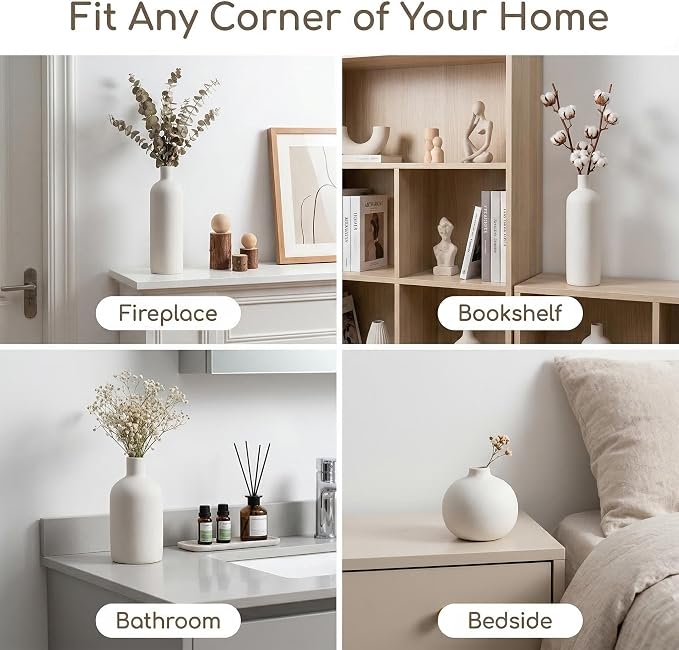 White Ceramic Vase Set of 4, Modern Minimalist Colors Home Decor, Decorative Flowers Vases for Bouquet, Pampas | Table Mantel Centerpiece Bookshelf Living Room Bedroom (White Set of 4)