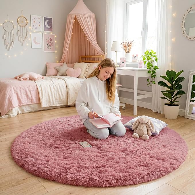 Blush Pink Small Round Rug 3Ft for Kids Bedroom, Fluffy Fuzzy Furry Circle Area Rugs for Girls Room Decor Aesthetic, Shaggy Circular Carpet for Nursery Dorm Baby, Cute Neutral Dusty Rose Mauve Rug