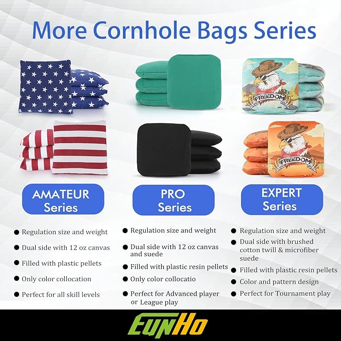 EunHo Regulation Cornhole Bags Set of 8 - Dual Sided Slick and Stick Cornhole Bean Bags for Tossing Game Professional All Weather Pro Corn Hole Bags with Tote Bag