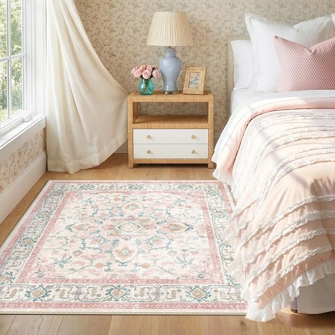 CAPALOCA Square 4ft Washable Nursery Girls Low Pile Area Rug Pink Teal | Non-Slip Soft Rugs for Bedroom Kids Playroom Living Room, Print Pattern Water Repellent Carpet Indoor Decor