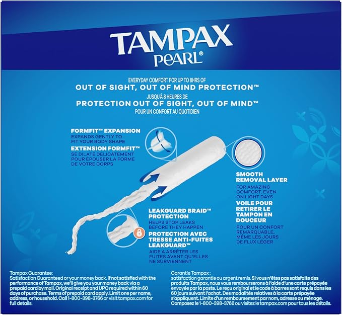 Tampax Pearl Tampons for Women, with LeakGuard Braid, Regular Absorbency, Unscented, 50 Count