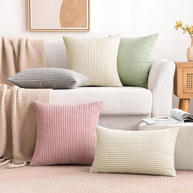MIULEE Lumbar Soft Corduroy Throw Pillow Covers Set of 2 12x20 Cream White | Decorative Striped Textured Cushion Cases, Boho Pillowcases Neutral Home Decor, for Couch Chair Sofa Bed Living Room