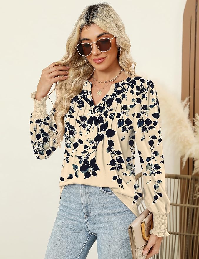 LOMON Womens Tops Dressy Casual Pleated Ruffle Long Sleeve Tunics Tops to Wear with Leggings V Neck Work Blouse