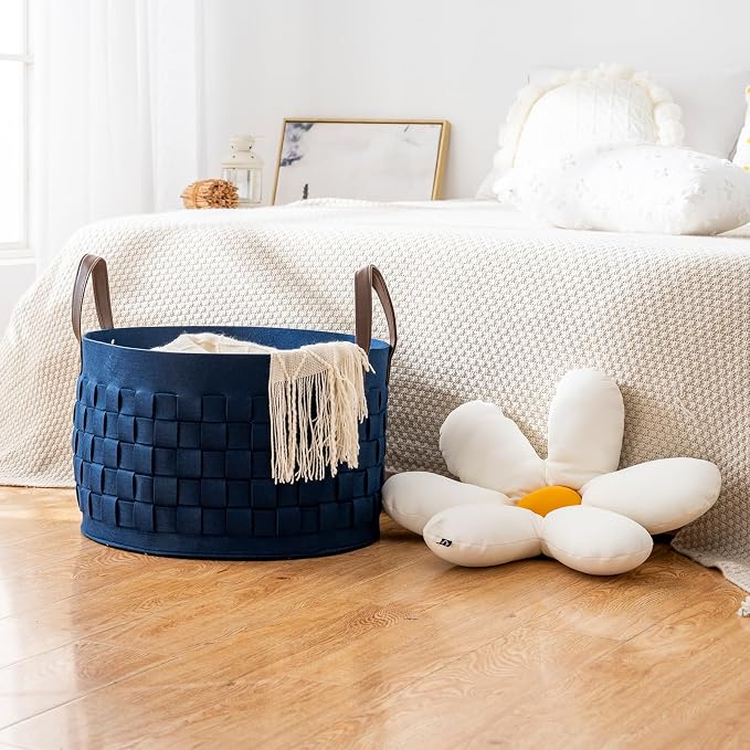 Laundry Basket 20" x20 " x11.8 ",Extra Large Round Blanket Basket with Leather Handle, Felt Storage Basket for Living Room, Nursery, Dog Toys-Navy Blue