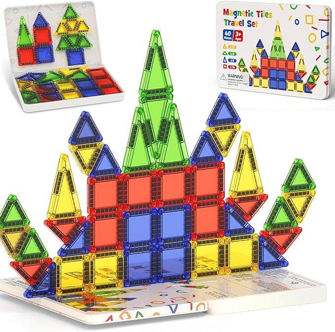 Portable Magnetic Tiles for Kids Travel - 40pcs STEM Building Blocks with Visual Storage Guide & Metal Box Play Base, Toddler Airplane Activities Toys for Ages 3-5,4-8, Compact Travel Toys