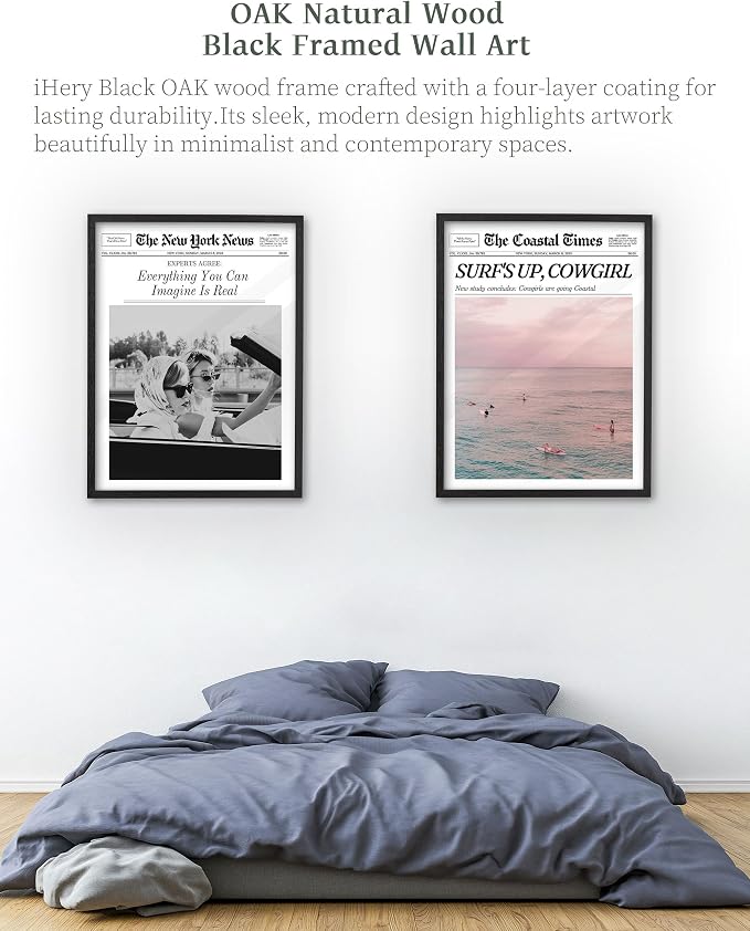 iHery 16x20in Surf’s Up Cowgirl Black Framed Newspaper Wall Art | Premium Black Natural OAK Wood Frame with Canvas Print, Coastal Cowgirl Decor for Bedroom, Dorm, Living Room 1Pack