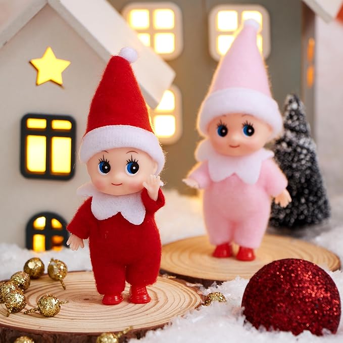 JOYIN 2PCS Christmas Elf Plush Doll, Red and Pink Tiny Soft Plush Elf Doll Accessories for Christmas Holiday Decorations, Dress-Up Party.