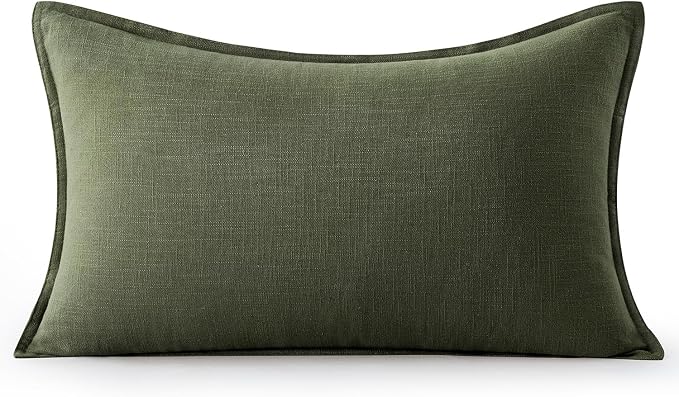 MIULEE Decorative Linen Lumbar Pillow Cover 12x20 Inch Dark Olive Green | Boho Farmhouse Neutral Couch Long Throw Pillow for Bed, Pack of 1 Accent Modern Pillowcase, Sofa Livingroom Home Decor