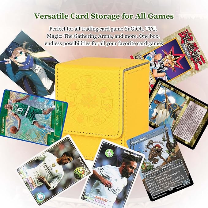 Arkeiliy MTG Deck Box with 50 Pcs Card Sleeve, 110+ Card Storage Leather Deck Box for Magic Commander, Collectible Trading Card Cases for Trading Card Games (Yellow)
