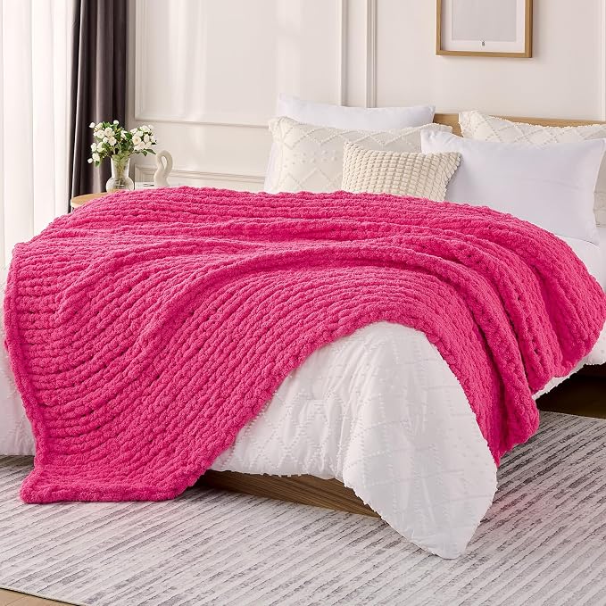 L'AGRATY Chunky Knit Throw Blanket for Couch, 60 x 80 Inches, Hot Pink | Handmade Chenille Crochet Blanket for Sofa Bed, Thick Cable Knitted Blankets for Room Home Decor, Birthday Gift for Women Mom