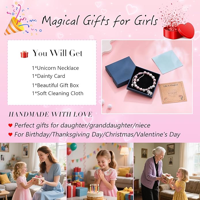 C-leen Unicorn Unicorn Bracelet Gifts for Girls Kids - Pink Pearl and Rhinestone Balls Heart Initial Unicorn Bracelets Adjustable Jewelry CZ Unicorn Bracelet Birthday Gifts for Teens