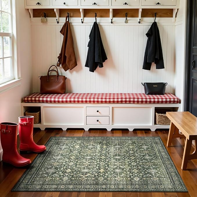 3x5 Area Rugs for Entryway, Green Washable Non-Slip Area Rug for Kitchen | Low Pile Soft Small Rugs, Vintage-Style Carpet for Bathroom Bedroom Tool Room, Stain Resistant Foldable Distressed Rug