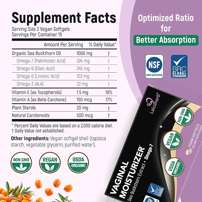 Vaginal Moisture Oral Soft Gel Capsules for Dryness & Moisture, Organic Sea Buckthorn Oil Capsules Nourishing Wetness & Hydration, USDA-Certified Women Sea Buckthorn Vaginal Moisturizer Omega 3-6-7-9