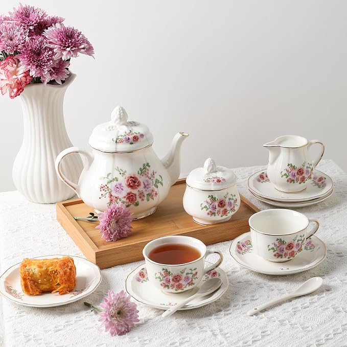 Sweejar 23 Pcs Floral Tea Sets with Metal Holder, Relief Gold Rim Porcelain Tea Sets for Adults, Cup and Saucer Set for 6, with Teapot, Sugar Bowl, Milk Jug, Spoons (Rose Flower)