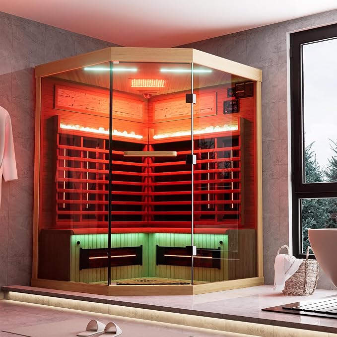 MEISSALIVVE Full Spectrum Infrared Sauna,4 Person Home Sauna,Wooden Canadian Hemlock Luxury Indoor Spa Sauna with Resonance Speaker, Panoramic Tempered Glass Door