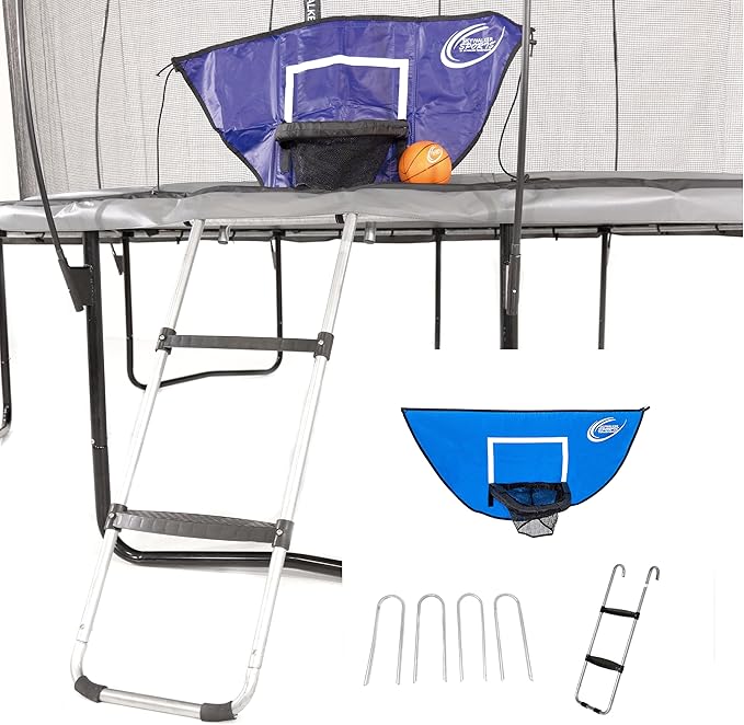 Skywalker Trampolines Accessory Kit with Basketball Game, 4-pack Windstakes & Wide Step Ladder