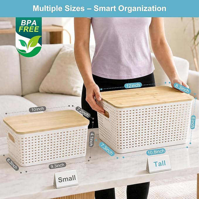 2 Pack Tall Plastic Storage Bins with Bamboo Lids, 10.8qt Stackable Storages Baskets for Organizing Desktop Closet Playroom Classroom Office, 12"L x 8.3"W x 6.1"H, Cream White