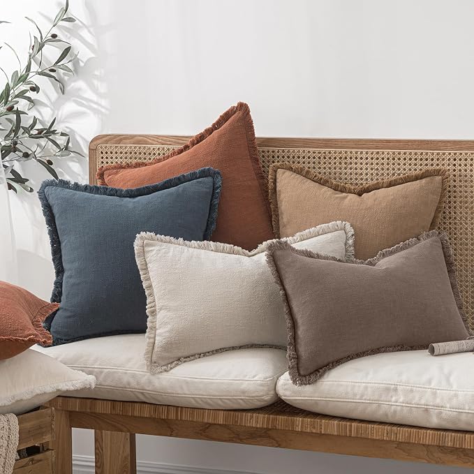 MIULEE Linen Fringe Decorative Fall Euro Pillow Covers Malt Ball 22x22 | Set of 2, Cottagecore Decor, Boho Farmhouse Neutral Throw Pillow Covers, Rustic Fall Couch Cushions for Sofa Bed Living Room