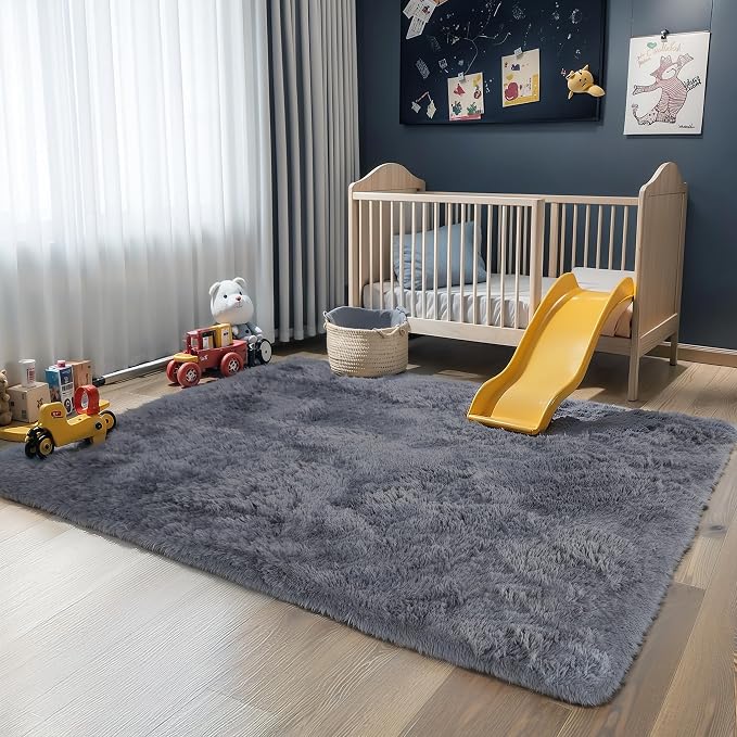 3x5 Grey Fluffy Shag Rug for Bedroom, Plush Washable Carpet | Area Rug for Living Room, Kids Nursery, Boys Girls Dorm Room, Non Slip Shaggy Floor Carpet