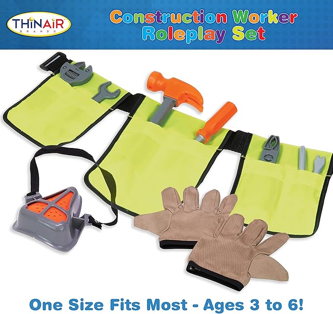 Dr. STEM Toys Construction Worker Roleplay Costume Set with Hat, Tools, Tool Belt, Gloves, and More - Orange and Yellow, One Size Fits Most Kids Ages 3 to 6
