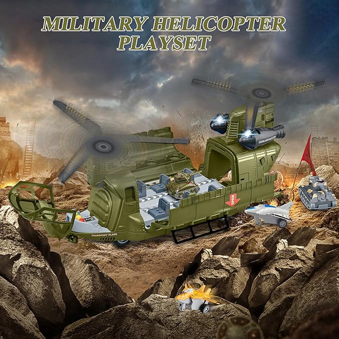Military Helicopter Toys Set with Light - Friction Powered Transport Helicopter Toy with Army Tanks, Airplanes, Mini Cars - Army Toys Military Playset Christmas Birthday Party Gifts for Kids
