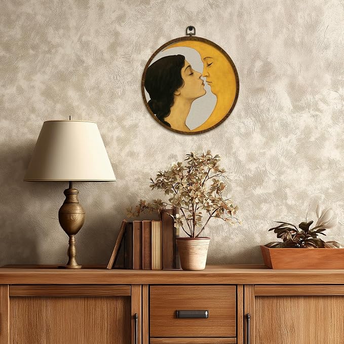 KLYTINK Vintage Celestial Decor,Romantic Moon and Young Girl Round Wall Art,Retro-Inspired Celestial Canvas Print, Surreal Moon and Woman Hanging Decor for Bedroom, Gallery Wall 10''x10''