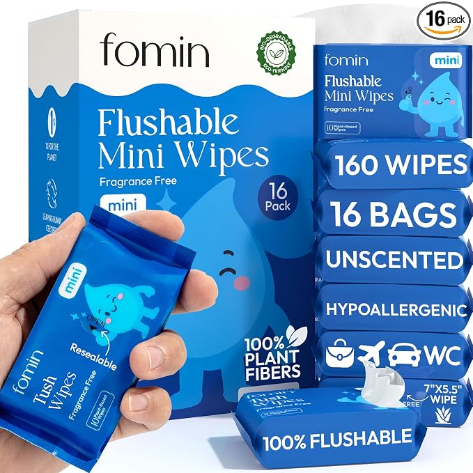 Fomin Compact Travel Flushable Wipes 16 Pack (160 Wipes Total) - Unscented Travel Size Wet Wipes for Adults - pH Balanced, Biodegradable, Plant-Based - Hypoallergenic Tush Wipes for Women & Men