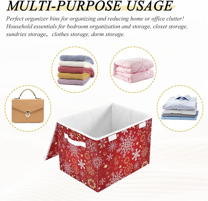 Christmas Snowflakes Storage Bins with Lids and Carrying Handle,Foldable Storage Boxes Organizer Containers Baskets Cube with Cover for Home Bedroom Closet Office