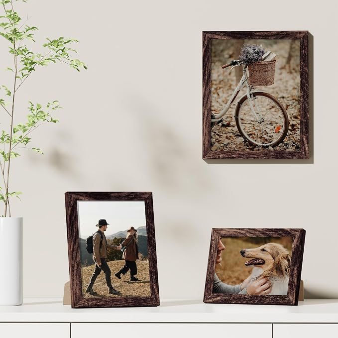 Vittanly 5x7 Picture Frames Set of 9, Shatter Resistant Plexiglass, Display 4x6 Pictures with Mat or 5x7 without Mat, Photo Frames for Wall or Tabletop, Engineered Wood, Brown