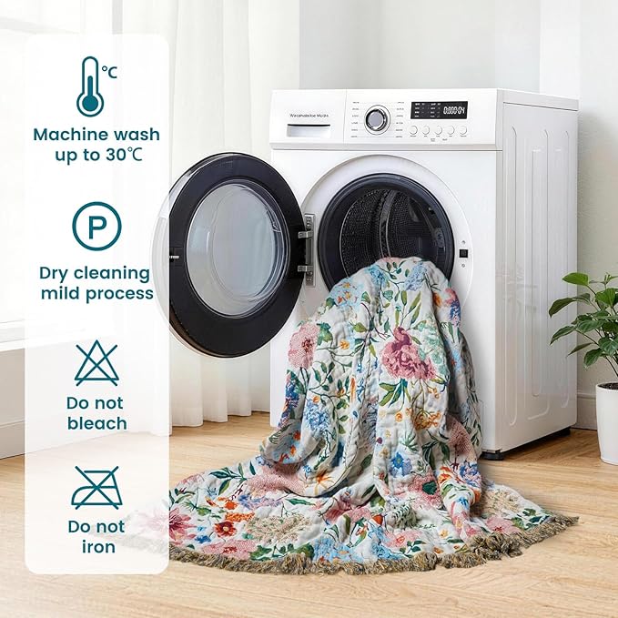 MSGKV Boho Throw Blanket 60"x80" Summer Cotton Orchid Blanket for Couch | Muslin Throw, Orchid Floral Pattern, Reversible Woven, Lightweight Comfort, Farmhouse Decor, All Seasons, Machine Washable
