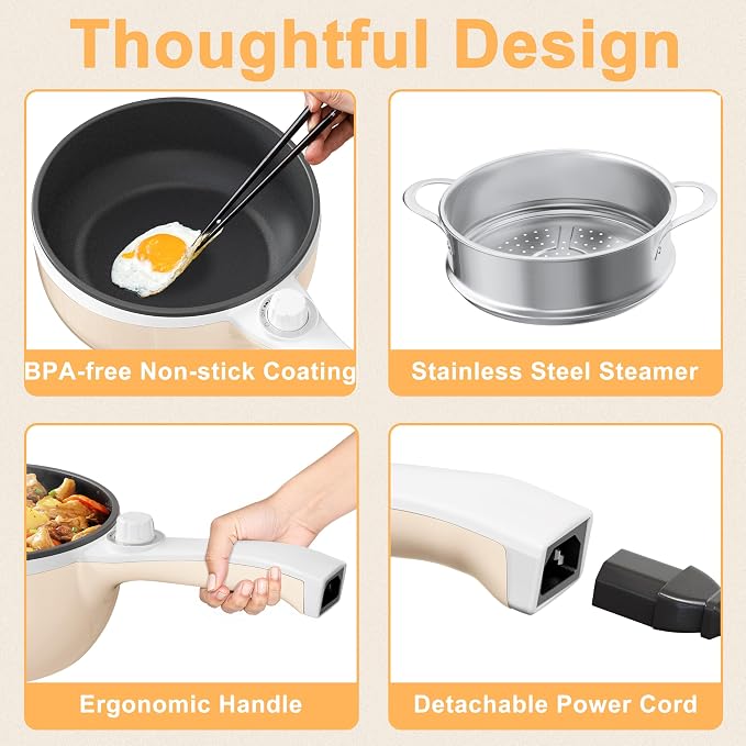Dezin Electric Pot with Steamer, 1.5L Non-Stick Portable Hot Pot Electric | Dual Power, Upgraded 700W Electric Pot for Cooking Steak, Egg, Soup, Ramen Cooker for Dorm, Travel, RV, Office, Beige Pan