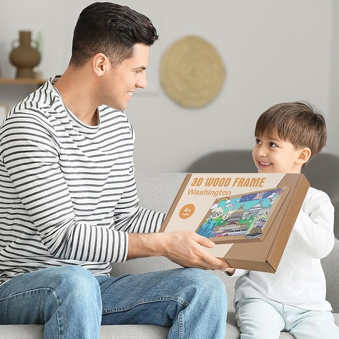 LQG Art Crafts Gift for Kids 4-8 Ages 3D Wooden City Landmark Series Frame Kit for Kids - DIY Washington Cartoon Style Puzzle Toys Perfect Wall Art and Tabletop Decoration