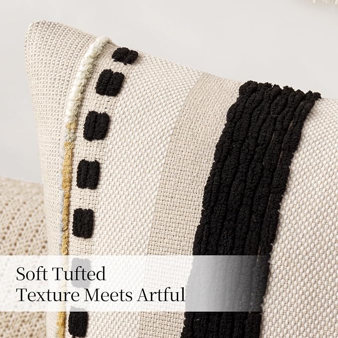 ANRODUO Boho Decorative Pillow Covers 18x18 Inch Black Stripe Pack of 2 | Throw Pillow Covers, Farmhouse Cushion Case, Chenille Pillow Cases, Pillow Covers, Accent Neutral Pillowcase for Sofa Couch