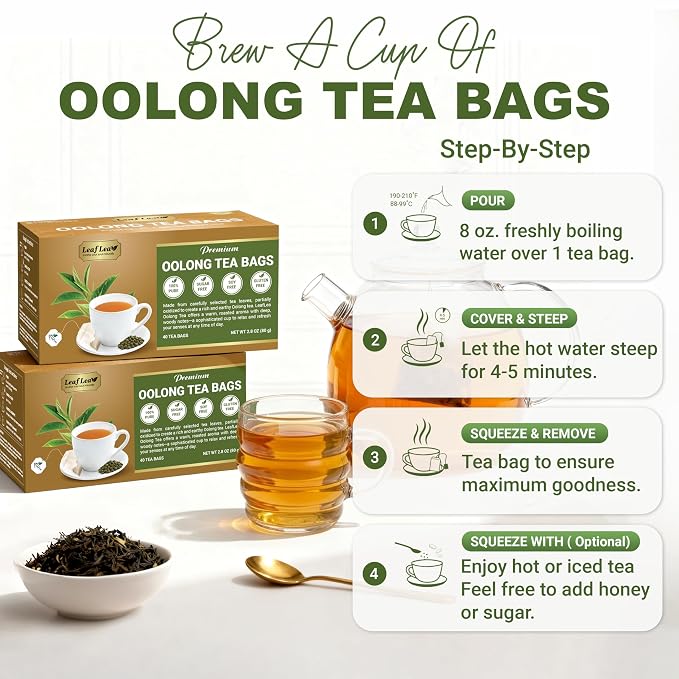 LeafLea Oolong Tea Bags, Post-Meal Comfort & Daily Ease, 80 Count | Te Oolong From Whole Camellia Sinensis Leaves, Mellow Golden Cup, Caffeinated, Sugar-Free, Individually Wrapped