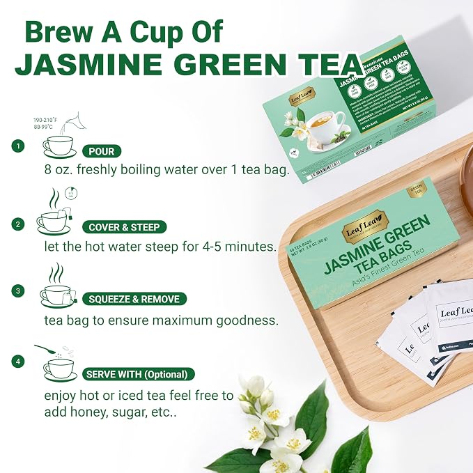 LeafLea Jasmine Green Tea Bags, Naturally Jasmine-Scented, 40 Count | Smooth Green Tea With Soft Jasmine Aroma, No Petals Inside, Sugar-Free, Vegan, 40 Individually Foil-Wrapped Bags