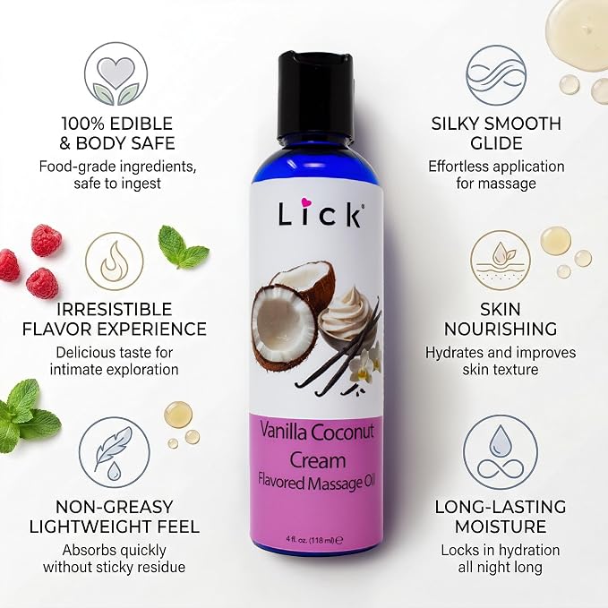 Lick Vanilla Coconut Cream Flavored Massage Oil – Sweet Tropical Edible Massage Oil with Vitamin E, Smooth Body-Safe Glide for Couples Massage & Sensory Date Nights, 4 oz
