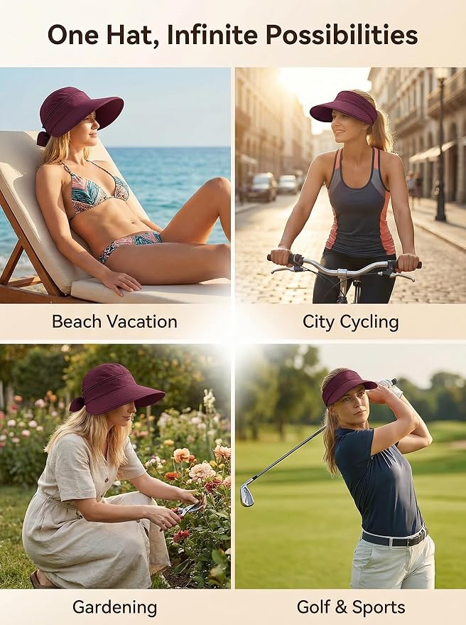 2-in-1 Women’s Sun Visor Sun Hat Zipper Off Ponytail Friendly, Lightweight Quick Dry, Summer UV Protection