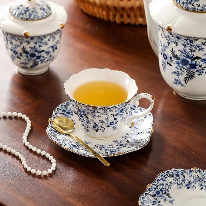 TATSUMI Country Roses Porcelain Tea Set, European Ceramic tea set for adults,Vintage Style, For Women and Tea Parties (BLUE, 21 Pieces Set)