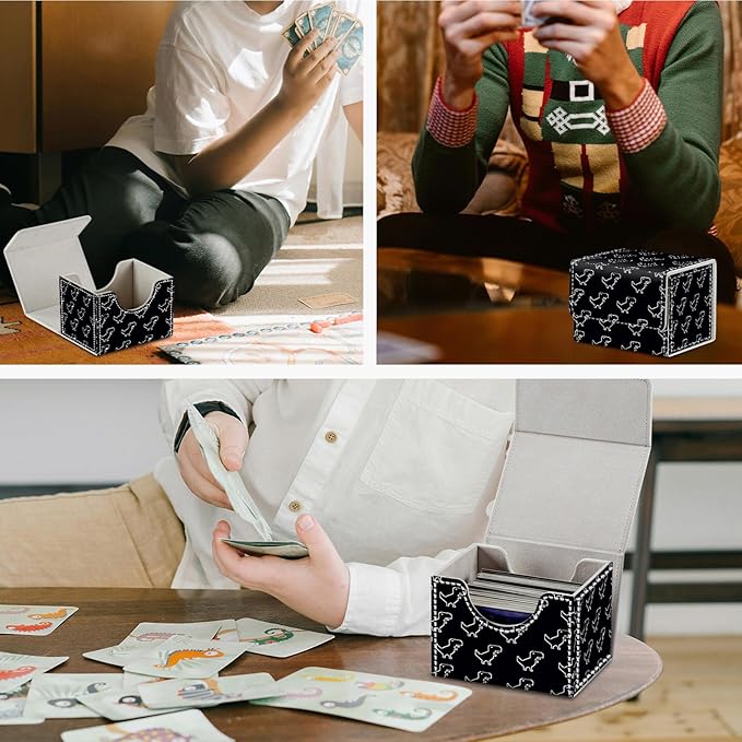 DEGDFSGR for TCG MTG Card Game Storage Box Organizer Trading Card Case Commander Deck Box Magnetic Closure Creative Pattern Up to 200 Cards, Little Dinosaur Black