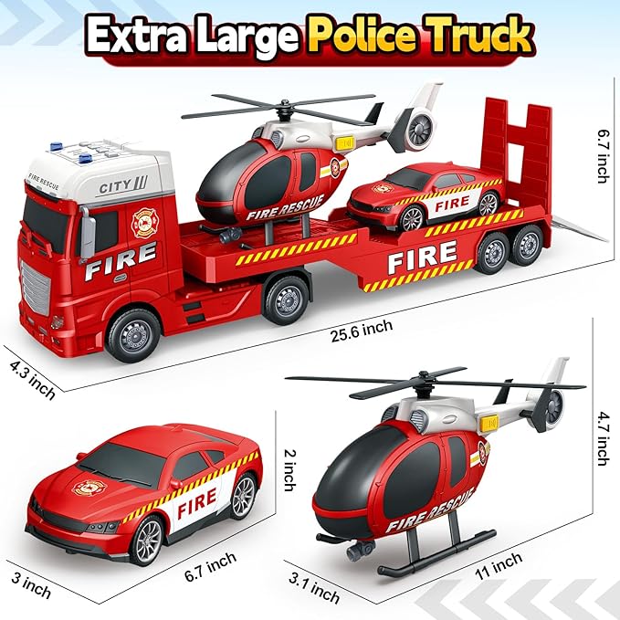 SpringFlower Truck Toddler Boy Toys, 25" Large Fire Truck Toy with Racing Car and Helicopter,3 in 1 Lights Sounds Fire Boy Vehicle, Christmas Birthday Gifts for Kids 3 4 5 6 Years Old