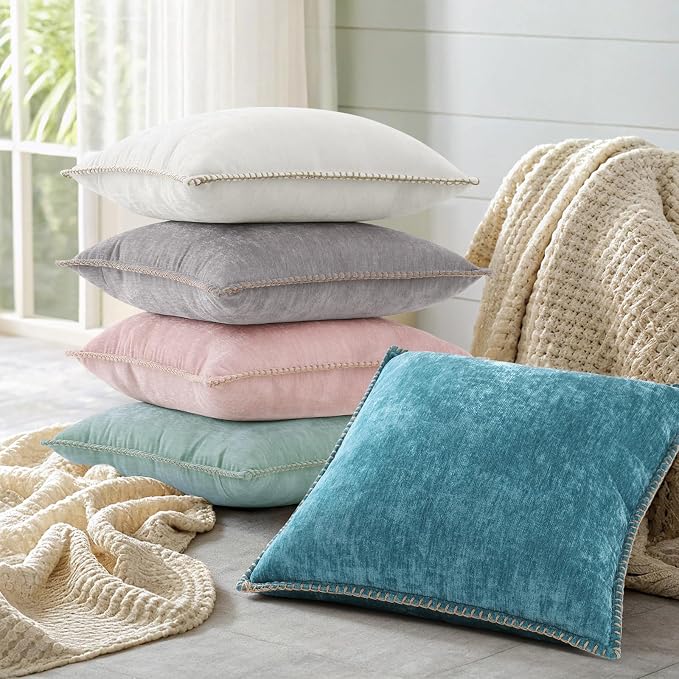 decorUhome Soft Chenille Throw Pillow Covers 16x16 Set of 2 Aqua Haze | Fall Textured Decorative Throw Pillow Cases Stitched Edge Modern Farmhouse Luxury Boho Velvet for Couch Sofa Bed Home Decor