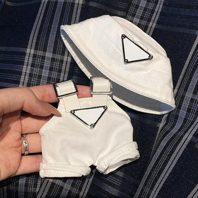 Clothes for 17cm Dolls(NO Doll),Premium Handmade Clothes,Adjustable Kawaii Outfits for Clothes Set,Dolls Keychain Accessories,Bucket Hat+Overalls (White)