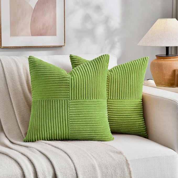 Fancy Homi Set of 2 Lime Green Samll Decorative Throw Pillow Covers 12x12 Inch with for Couch Bed Sofa Living Room, Soft Cross Patchwork Striped Corduroy Modern Square Cushion Case 30 cm