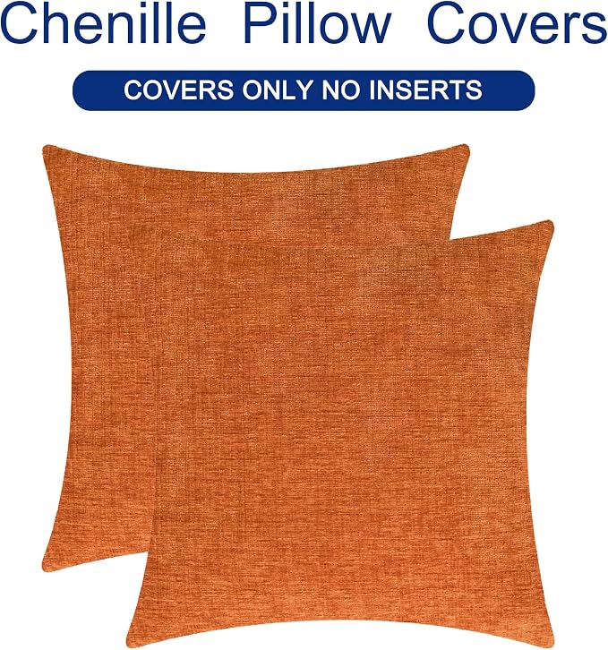 CaliTime Fall Decorative Throw Pillow Covers 20 X 20 Inches Burnt Orange | Pack of 2, Cozy Chenille Cushion Cases for Sofa Bed Living Room Farmhouse Home