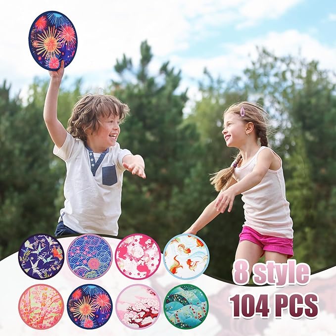Gejoy 104 Pcs Foldable Japanese Style Summer Flower Handheld Round Fan for Women Men Daily Use Festival Wedding Party Favors Decorations Portable, 8 Styles