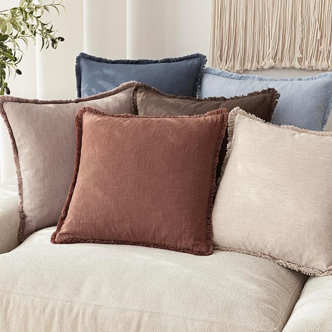Foindtower Set of 2 Decorative Linen Fringe Lumbar Throw Pillow Covers Boho Farmhouse Cushion Cover with Tassels Soft Accent Pillowcase for Couch Sofa Bed Living Room Home Decor,12×24 Inch,Rust Red