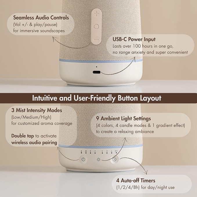ZMARKRAFT® Waterless Essential Oil Diffuser with Intergrated Speaker | 3 Mist Levels, Wireless Audio, Ambient LED Lights, Aesthetic Exterior, For All Room Sizes