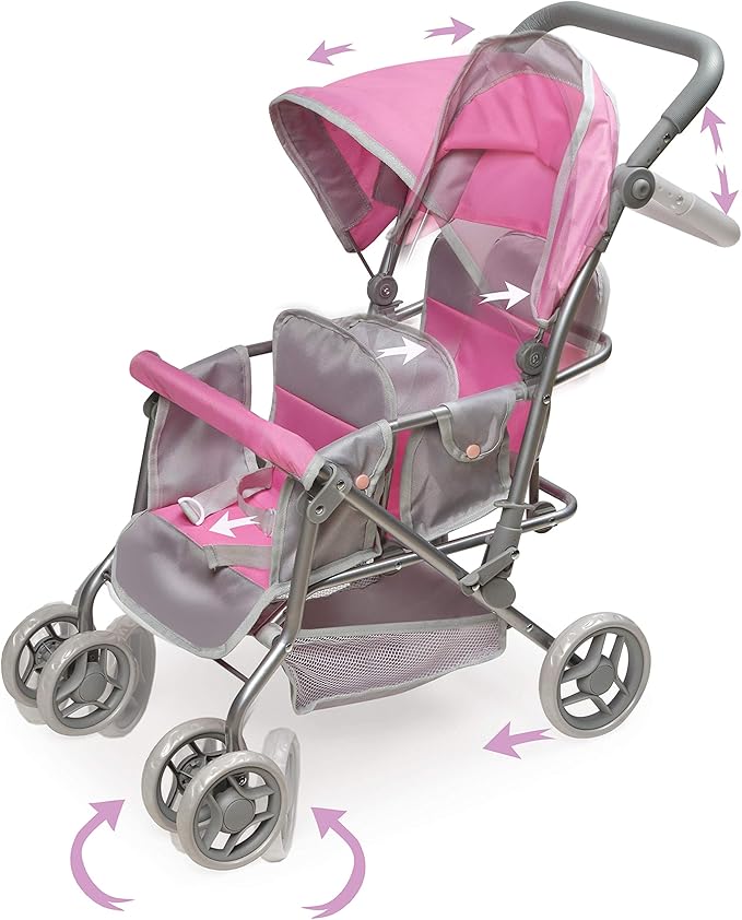 Badger Basket Double Doll Stroller - Pram for Baby Doll with Adjustable Seats & Storage Basket - Fits Doll Up to 20 Inches - Best for Toddler and Kid Pretend Play Ages 3 and Up - Pink/Grey