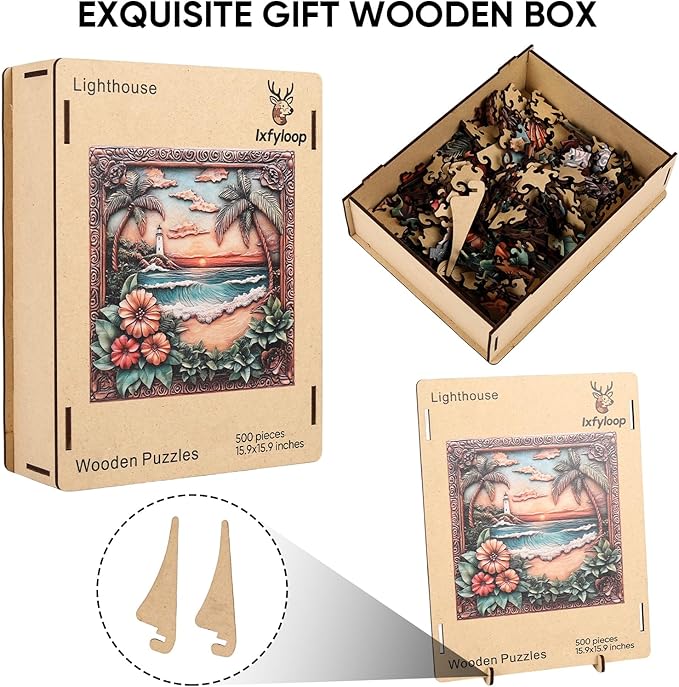 Ixfyloop Wooden Puzzles for Adults 500 Pieces, Lighthouse Wooden Jigsaw Puzzles, Seaside Dusk Adult Puzzles Wooden Toys Home Decor Gift Family Brain Game for Men Women Elders Seniors, 15.9x15.9 inch