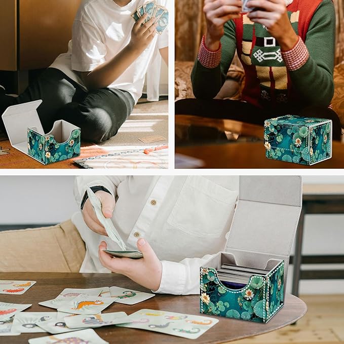 Card Game Storage Box TCG Deck Box MTG Card Box Organizer Trading Card Case Commander Deck Box TCG Card Storage Box Magnetic Closure Creative Pattern Up to 200 Cards, Green Pond Lotus Leaves